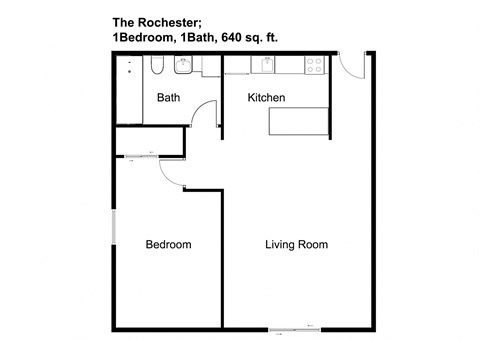Floor plan for 1 bed, 1 bath, 640 sqft
